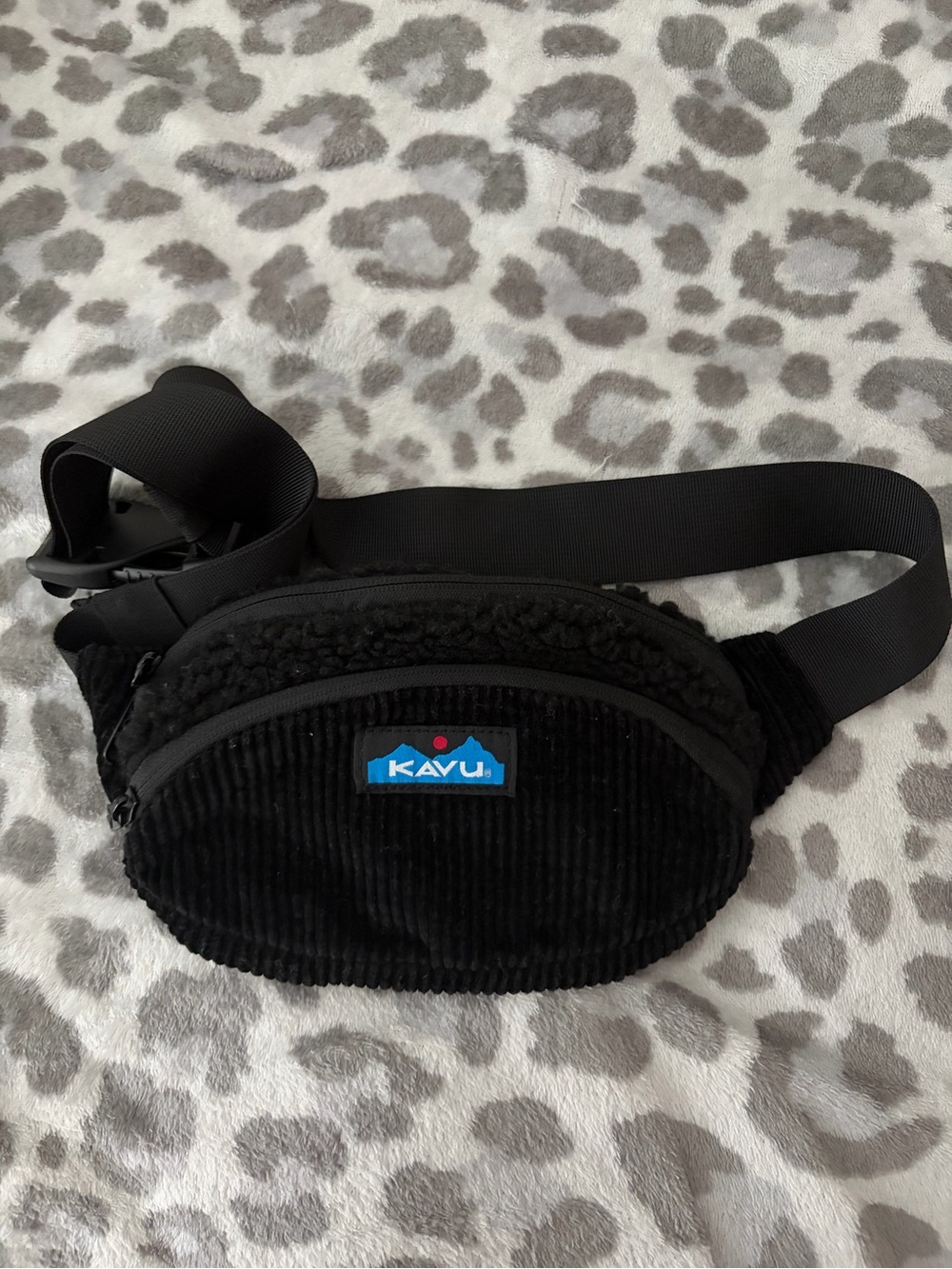 Kavu Black Corduroy Sherpa Waist Pack with Blue Logo